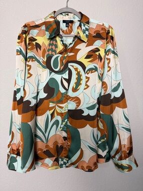Haver London Retro Print Button-Up Blouse in Teal, Rust, Cream